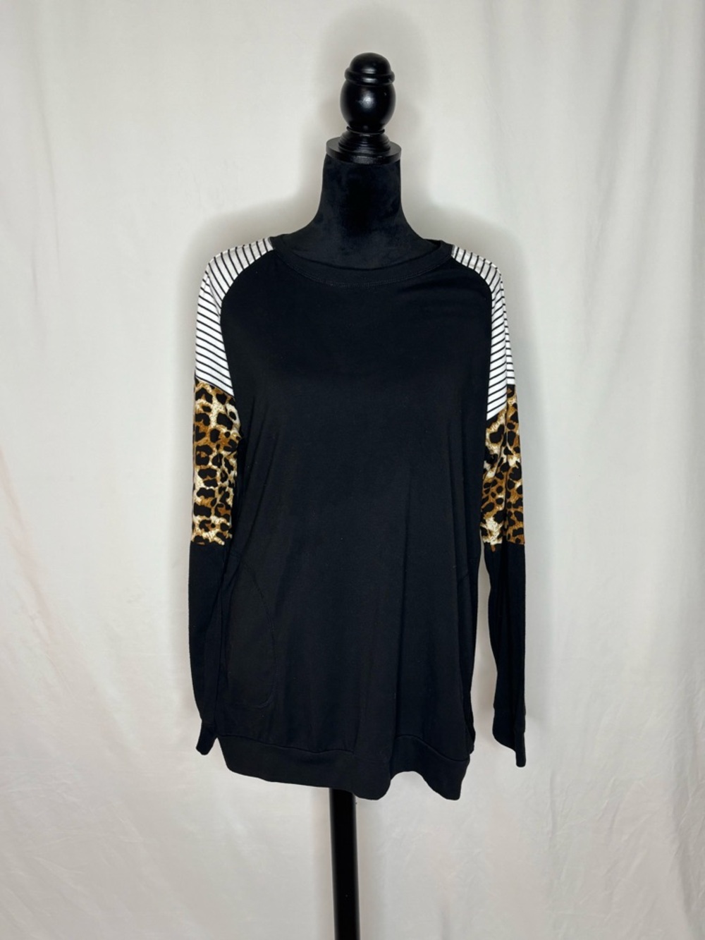 Black Long Sleeve Top with Leopard and Striped Accents